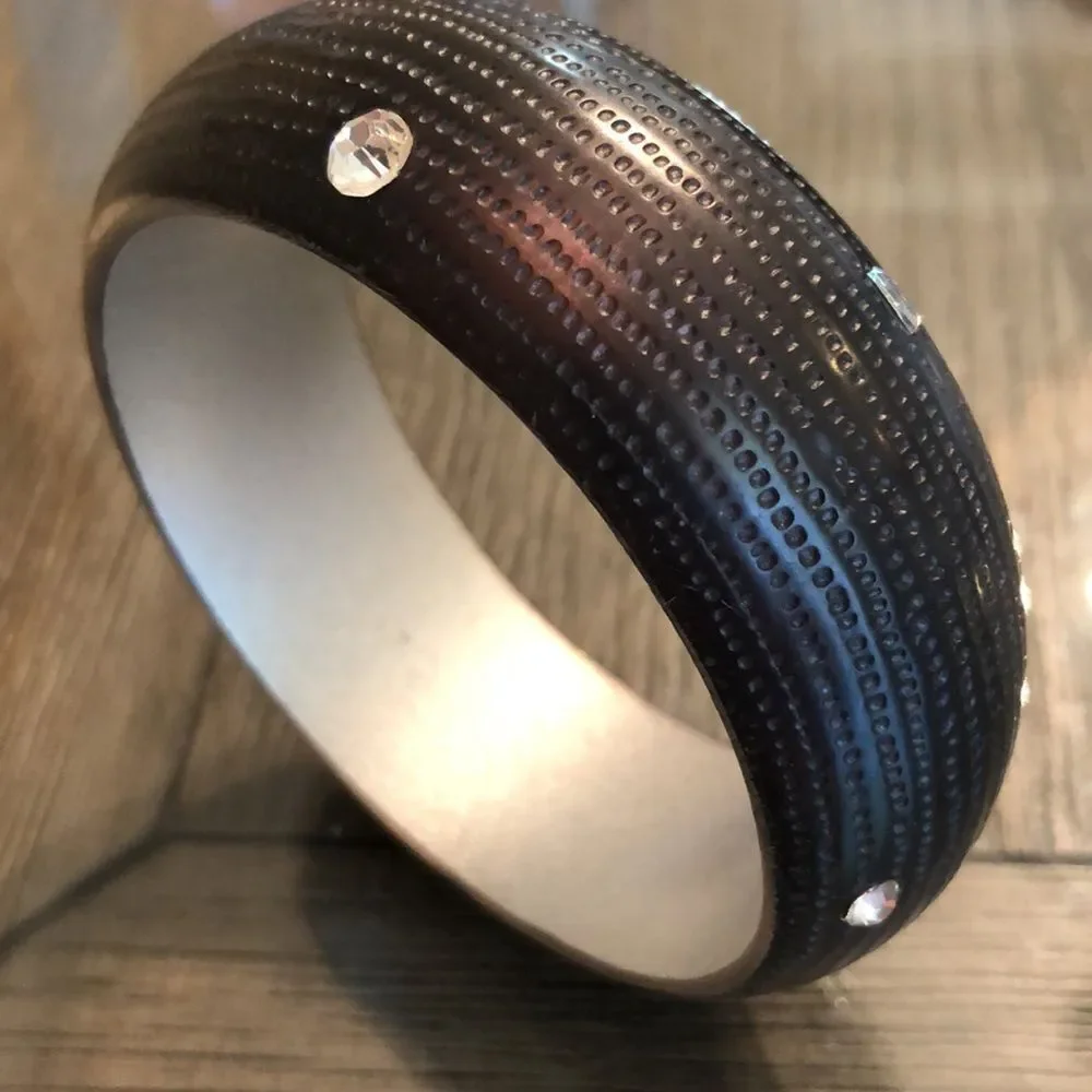 Vintage Black Textured Acrylic Bangle with Cut Glass Rhinestones 9”, approx